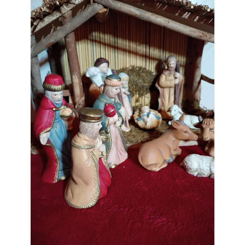 Vintage Sears Nativity Set 32 97889 Wood Stable 11 Porcelain Figures Christmas